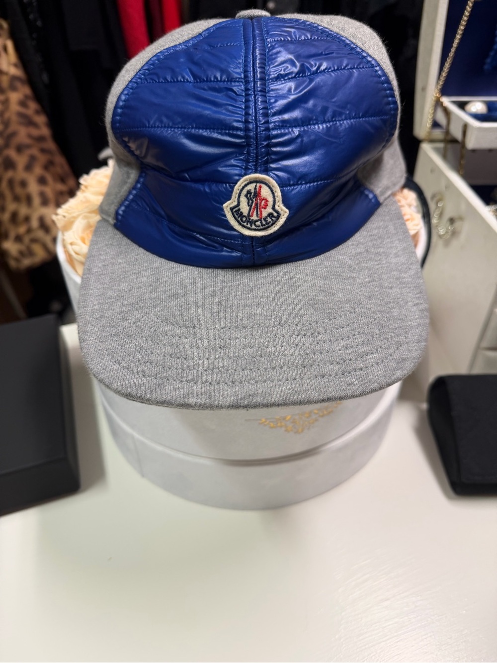 Moncler Blue Quilted Crown with Gray Brim Cap